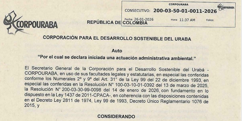 Auto 0011-2026, por el cual se declara iniciada una actuación administrativa ambiental