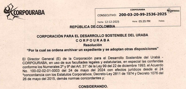 Resolución 2536 de 2025, por la cual se ordena Archivar un Expediente