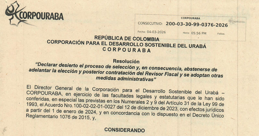 Resolución 0376 de 2026, por la cual se declara desierto el proceso de selección del Revisor Fiscal