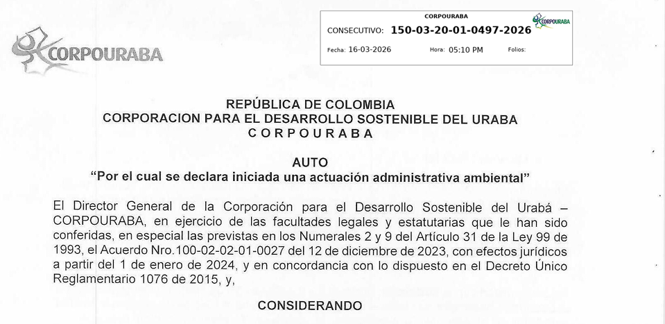 AUTO 0497-2026, por el cual se declara iniciada una actuación administrativa ambiental