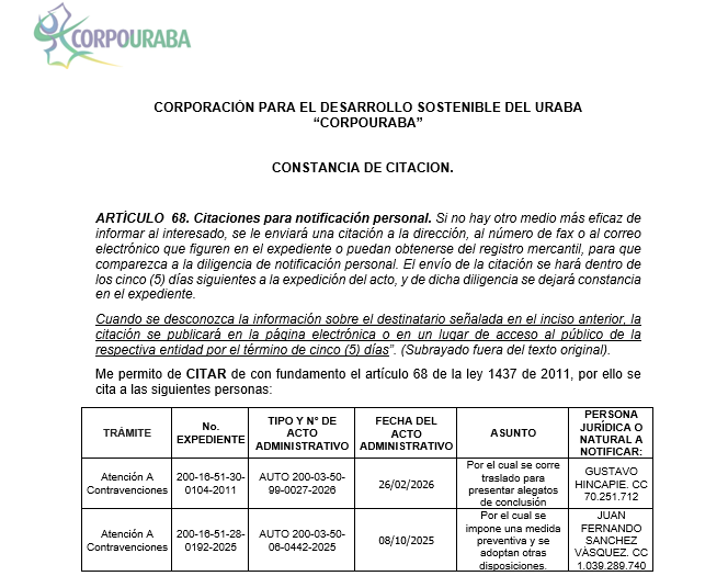 Constancia de citación para notificación personal Auto 0027-2026 y 0442-2025