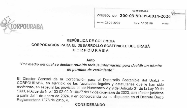 AUTO 0014-2026, POR MEDIO DEL CUAL SE DECLARA REUNIDA TODA LA INFORMACIÓN PARA DECIDIR UN TRAMITE DE PERMISO DE VERTIMIENTO.