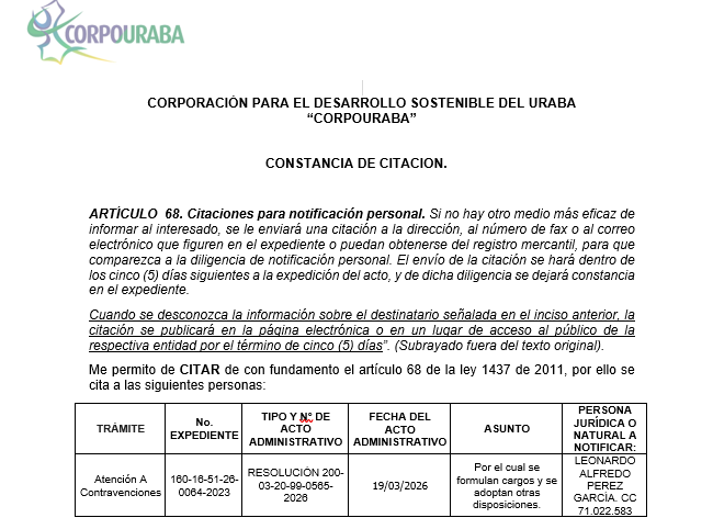 CONSTANCIA DE CITACIÓN PARA NOTIFICACIÓN PERSONAL, AL CIUDADANO LEONARDO ALFREDO PEREZ GARCIA