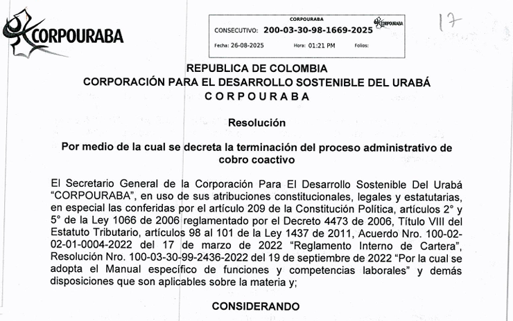 Resolución 1669-2025, por medio de la cual se decreta la terminación del proceso administrativo Cobro coactivo