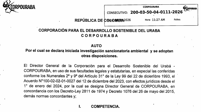 Auto 0111-2026, por el cual se declara iniciada investigación sancionatoria ambiental
