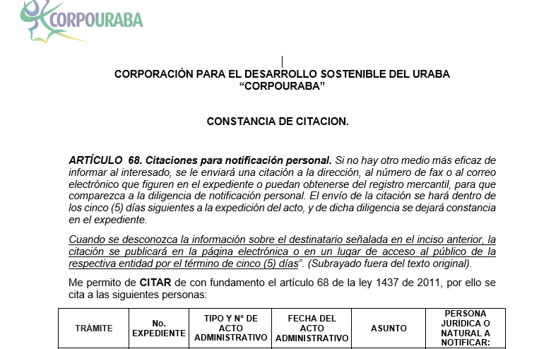 Constancia de Citación para Notificación personal