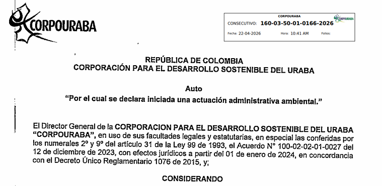 AUTO 0166-2026, POR EL CUAL SE DECLARA INICIADA UNA ACTUACIÓN ADMINISTRATIVA AMBIENTAL