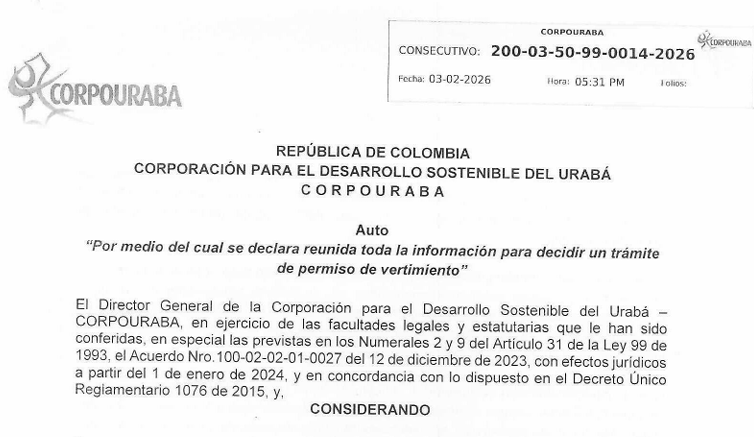 AUTO 0014/2026, POR MEDIO DEL CUAL SE DECLARA REUNIDA TODA LA INFORMACIÓN PARA DECIDIR UN TRAMITE DE PERMISO DE VERTIMIENTO