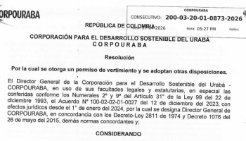CORPOURABA OTORGA PERMISO DE VERTIMIENTO MEDIANTE RESOLUCIÓN 0873-2026