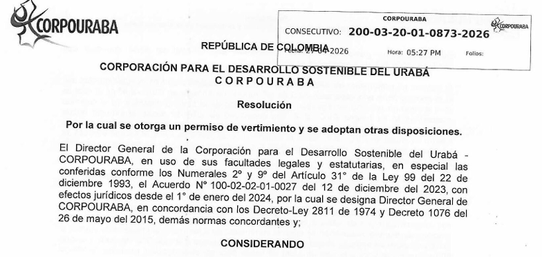 Resolución 0873-2026, por la cual se otorga un permiso de vertimientos y se adoptan otras disposiciones