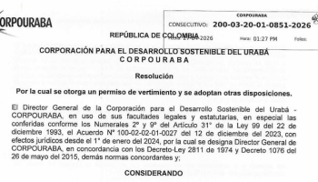 CORPOURABA OTORGA PERMISO DE VERTIMIENTO MEDIANTE RESOLUCIÓN 0851-2026