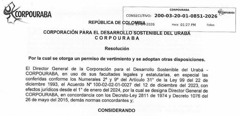 Resolución 0851-2026, por la cual se otorga un permiso de vertimiento y se adoptan otras disposiciones