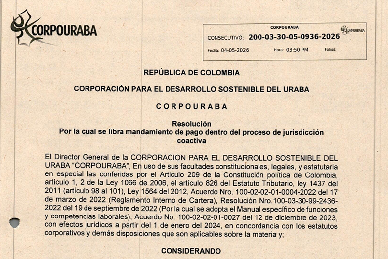 Resolución 0936-2026, por la cual se libra mandamiento de pago dentro del proceso de jurisdicción coactiva