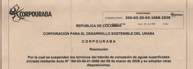 Resolución 1068-2026, por la cual se suspenden los términos del tramite de concesión de aguas superficiales