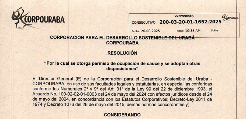 RESOLUCIÓN 1652-2025, POR LA CUAL SE OTORGA PERMISO DE OCUPACIÓN DE CAUCE