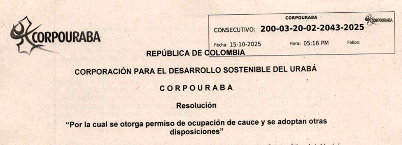 RESOLUCIÓN 2043-2025, POR LA CUAL SE OTORGA PERMISO DE OCUPACIÓN DE CAUCE