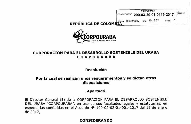 Resolución 0119-2017, por la cual se realizan unos requerimientos y se dictan otras disposiciones