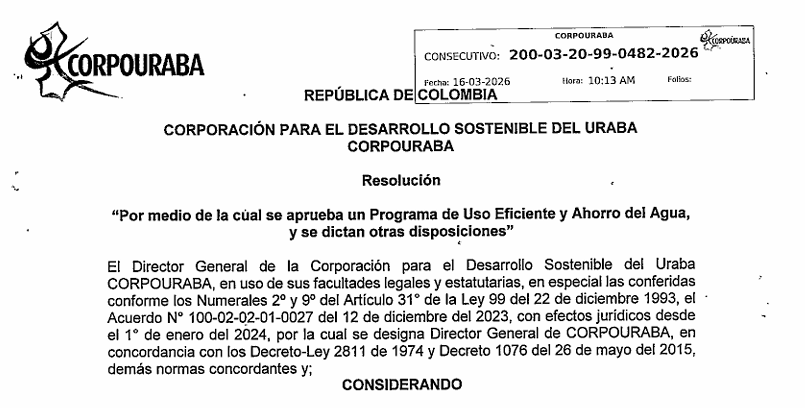 Resolución 0482-2026, por la cual se aprueba un programa de Uso Eficiente y Ahorro del Agua.