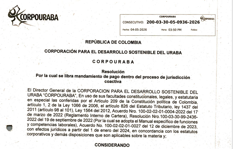 Resolución 0936-2026, por la cual se libra mandamiento de pago dentro del proceso de jurisdicción coactiva.
