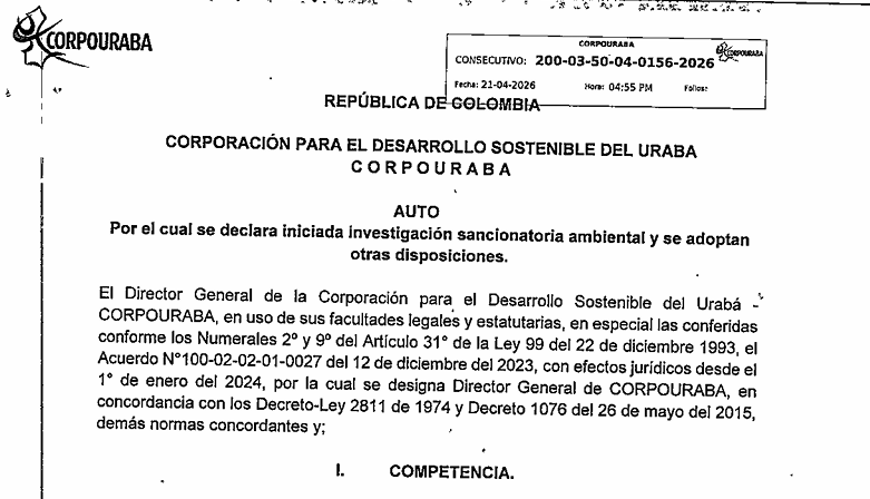 AUTO 0156-2026, POR EL CUAL SE DECLARA INICIADA INVESTIGACIÓN SANCIONATORIA AMBIENTAL Y SE ADOPTAN OTRAS DISPOSICIONES