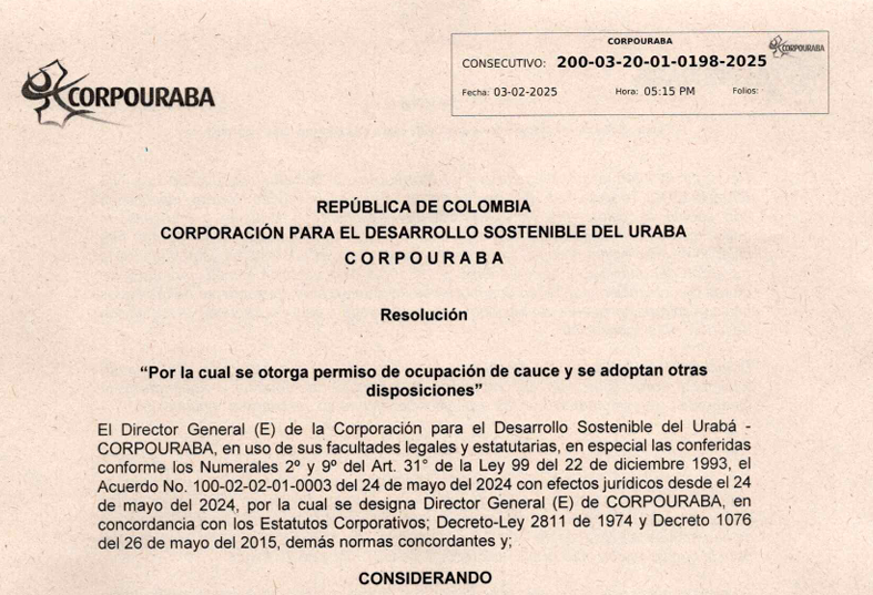Resolución 0198-2025, por la cual se otorga permiso de ocupación de cauce y se adoptan otras disposiciones