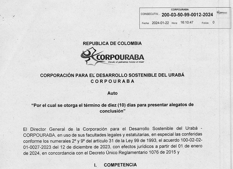 AUTO 0012 -2024, por el cual se otorga el termino de 10 diez dias para presentar alegatos de conclusion