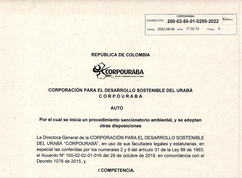 AUTO -0295-2022, POR EL CUAL SE INICIA UN PROCEDIMIENTO SANCIONATORIO AMBIENTAL
