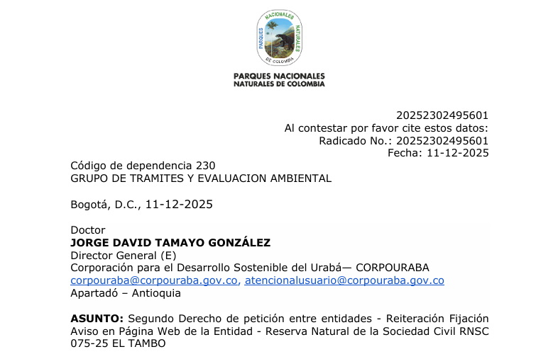 Segundo Derecho de Petición entre Entidades, Reiteración Fijación Aviso en PG Web de la Entidad, - RNSC - 075-25 "El Tambo".