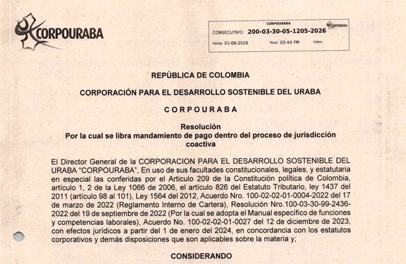 Resolución 1205-2026, por medio del cual se libra mandamiento de pago dentro del proceso de jurisdicción coactiva.