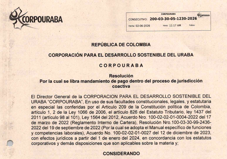 Resolución 1230-2026, por la cual se libra mandamiento de pago dentro del proceso de jusisdicción coactiva.