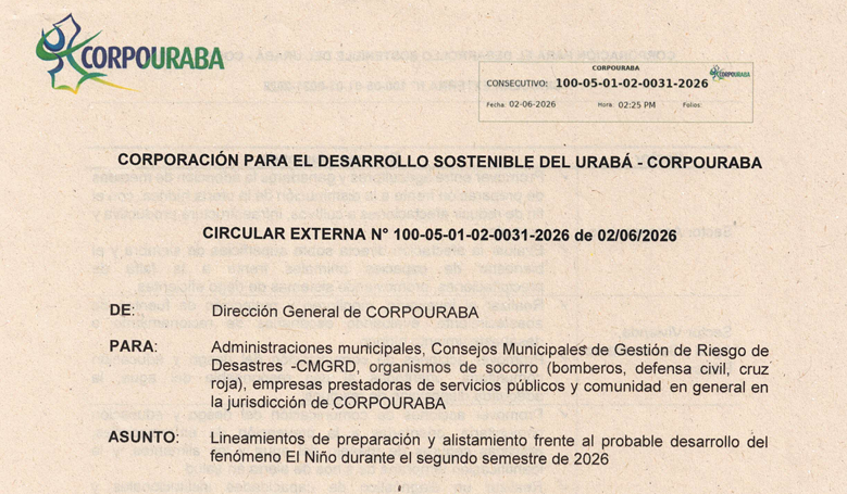 CIRCULAR EXTERNA No. 0031-2026, PARA LINEAMIENTOS DE PREPARACIÓN Y ALISTAMIENTO FRENTE PROBABLE DESARROLLO DEL FENOMENO EL NIÑO DURANTE EL SEGUNDO SEMESTRE DE 2026