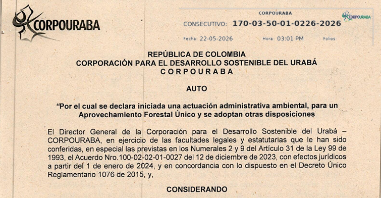 Auto 0226-2026, por el cual se declara iniciada una actuación administrativa ambiental para un aprovechamiento forestal único.