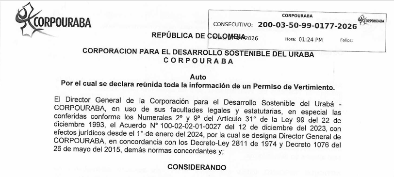 AUTO 0177-2026, POR LA CUAL SE DECLARA REUNIDA TODA LA INFORMACIÓN DE UN PERMISO DE VERTIMIENTO