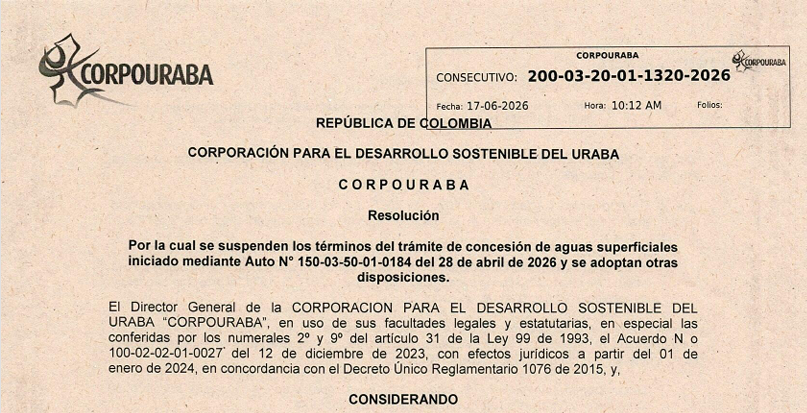 Resolución 1320-2026, por la cual se suspenden los términos del tramite de concesión de aguas superficiales iniciado mediante Auto 0184 del 28 de abril de 2025