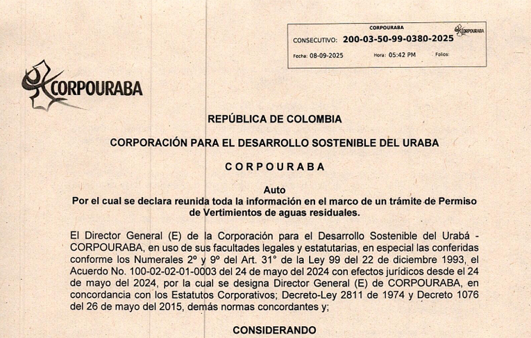AUTO 0380-2025, POR EL CUAL SE DELARA REUNIDA TODA LA INFORMACIÓN EN EL MARCO DE UN TRAMITE DE PERMISO DE VERTIMIENTO DE AGUAS RESIDUALES