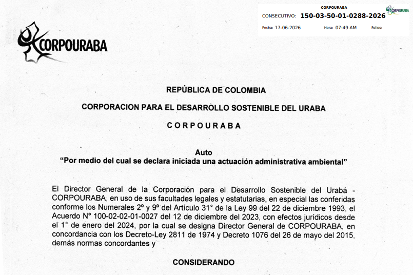 Auto 0288-2026, por medio del cual se declara iniciada una actuación administrativa ambiental