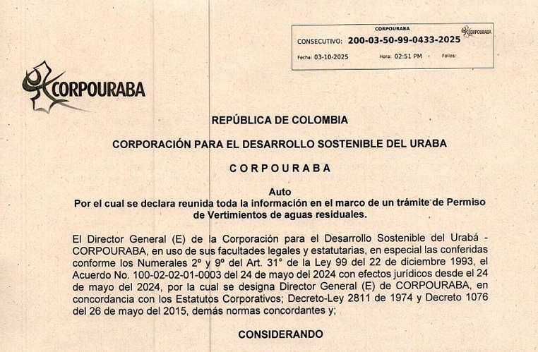 Auto 0433-2025, por el cual se declara reunida toda la información enel marco de un tramite de permiso de vertimiento de aguas residuales.