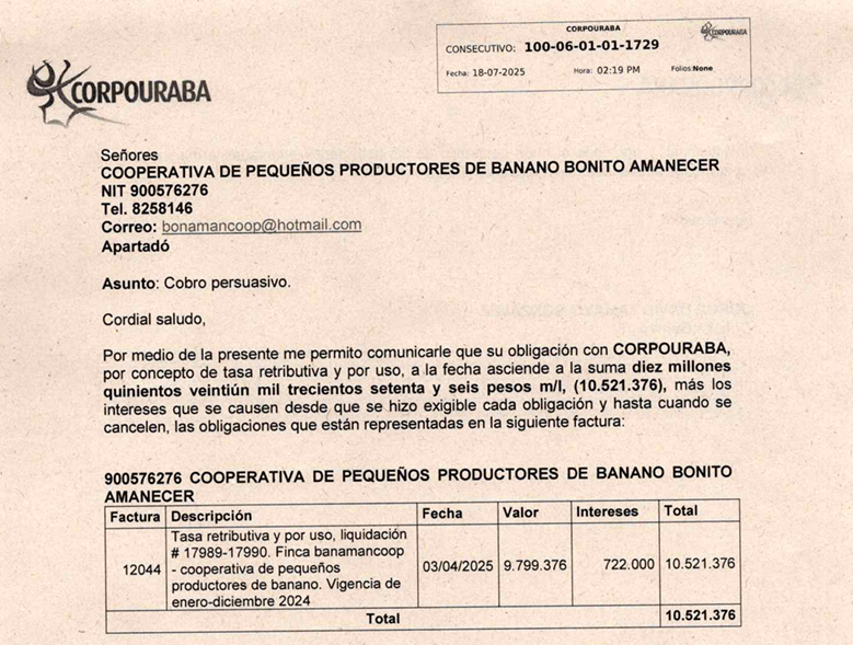 COBRO PERSUASIVO A LA COOPERTATIVA DE PEQUEÑOS PRODUCTORES DE BANANO BONITO AMANECER- FACTURA 12044