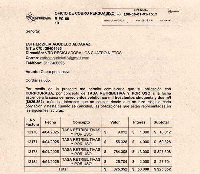 Cobro persuasivo a Esther Zilia Agudelo, Factura: 12170, 12171, 12173,12184