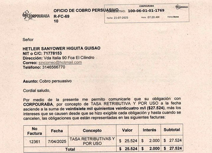 Cobro persuasivo a Hetleir Sanyower Higuita Guisao, Factura - 12361