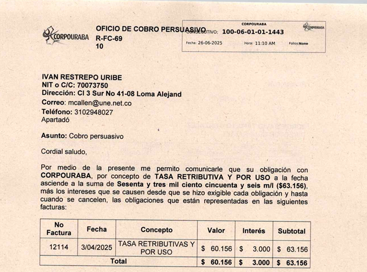 Cobro Persuasivo - Ivan Restrepo Uribe, Factura 12114