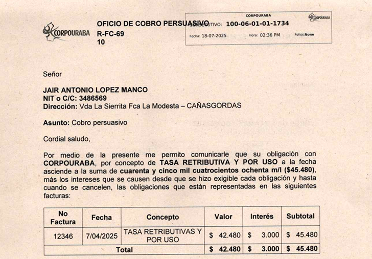 Cobro persuasivo, Jair Antonio Lopez Manco, Factura 12346