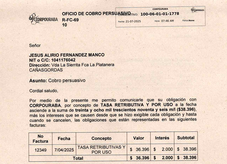 Cobro Persuasivo JESUS ALIRIO FERNANDEZ MANCO, Factura -12349