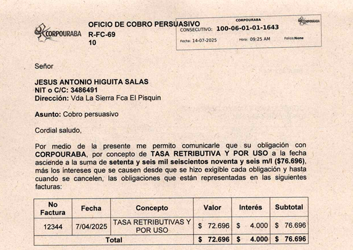 Cobro persuasivo a Jesús Antonio Higuita Salas, Factura 12344