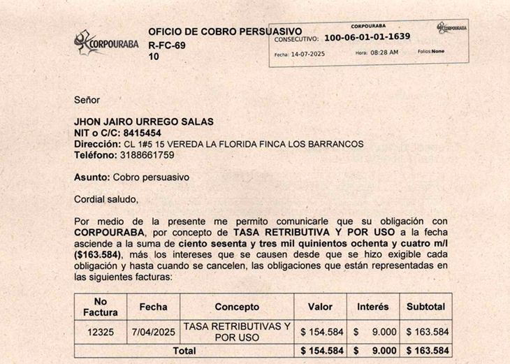 Cobro persuasivo a Jhon Jairo Urrego Salas, Factura-12325