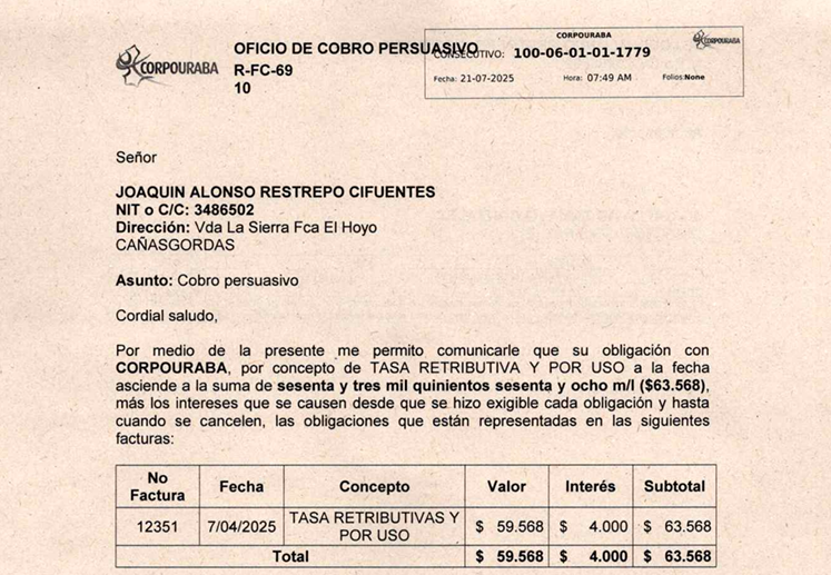 Cobro persuasivo a Joaquin Alonso Restrepo Cifuentes, Factura 12351