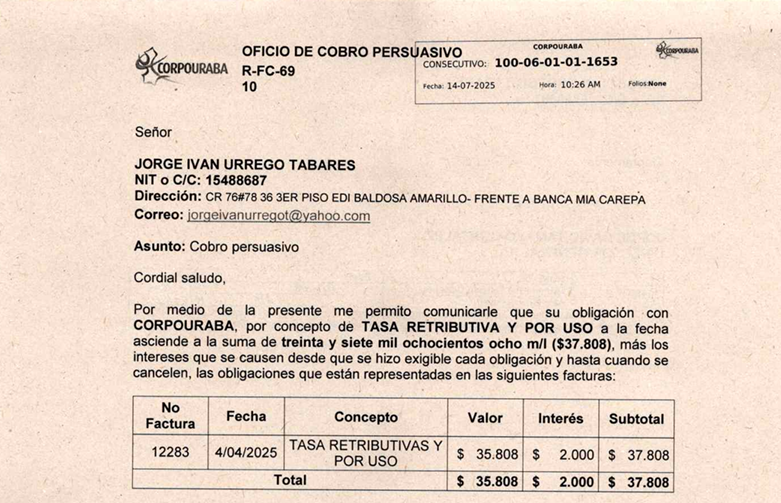 Cobro persuasivo - JORGE IVAN URREGO T, Radicado 1653 del 14/07/2025