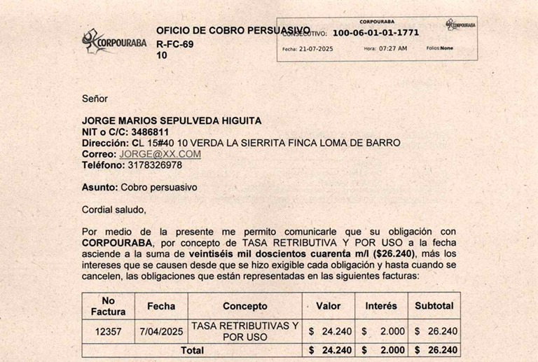 Cobro persuasivo - JORGE MARIOS SEPULVEDA HIGUITA con radicado 1771 del 21 de julio de 2025