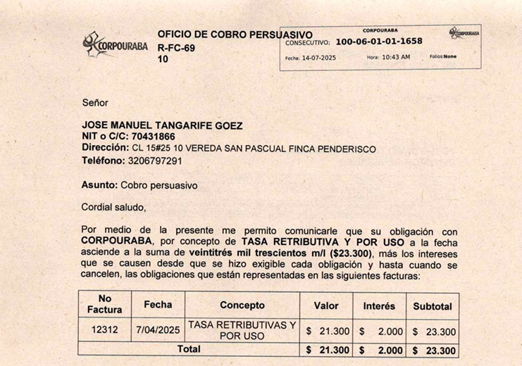 Cobro persuasivo - JOSE MANUEL TANGARIFE GOEZ, Radicado 1658 del 14/07/2025