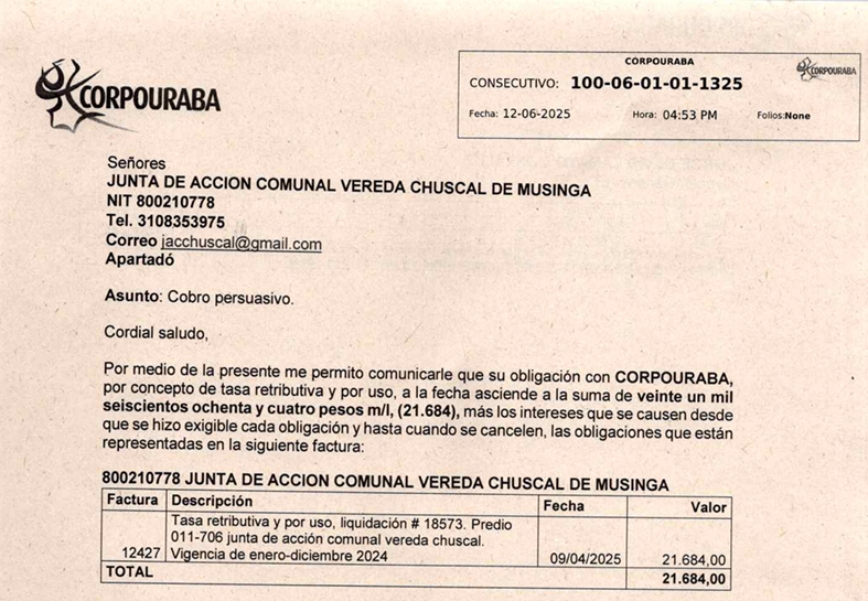 Cobro persuasivo - JUNTA ACCIÓN COMUNAL -VEREDA CHUSCAL DE MUSINGA, Radicado 1325 del 12/06/2025